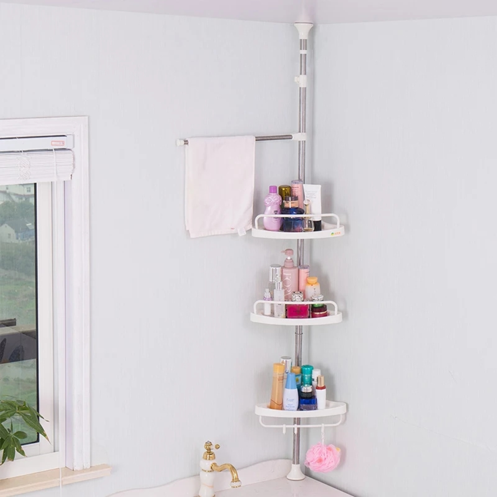Estante Esquinero Baño Ajustable Altura 2.60m 4 Niveles Piso Techo