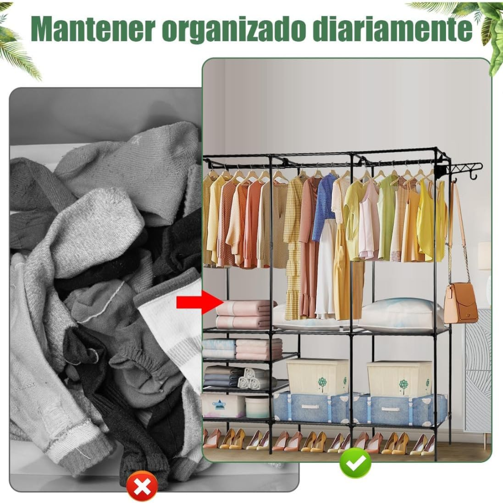 Closet Organizador Perchero Zapatero 3 Estantes Metálico 160cm Ganchos