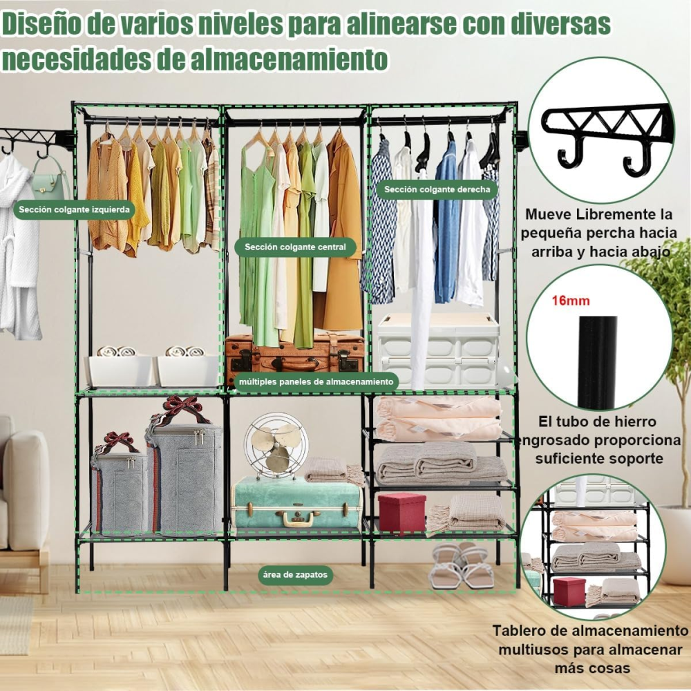 Closet Organizador Perchero Zapatero 3 Estantes Metálico 160cm Ganchos