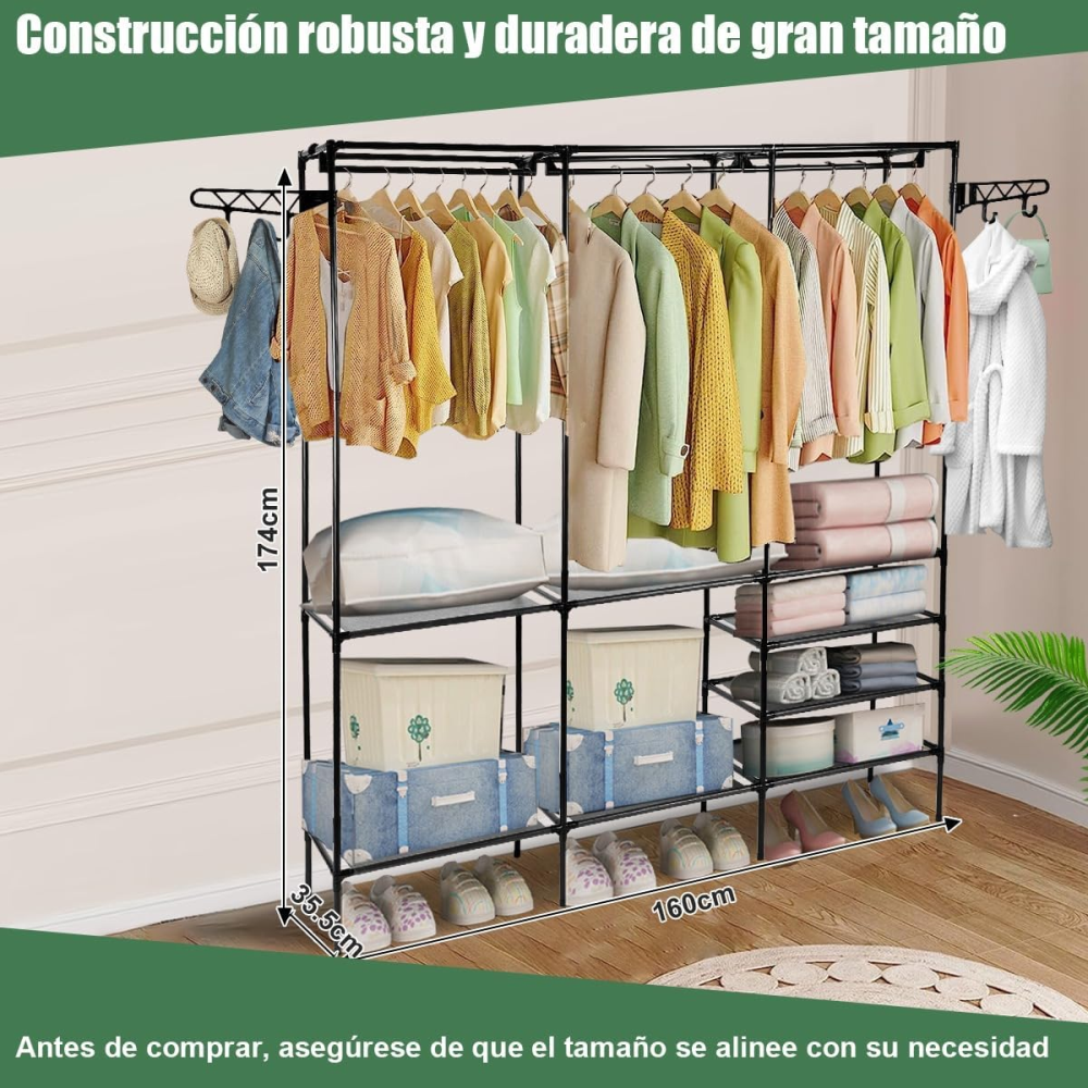 Closet Organizador Perchero Zapatero 3 Estantes Metálico 160cm Ganchos