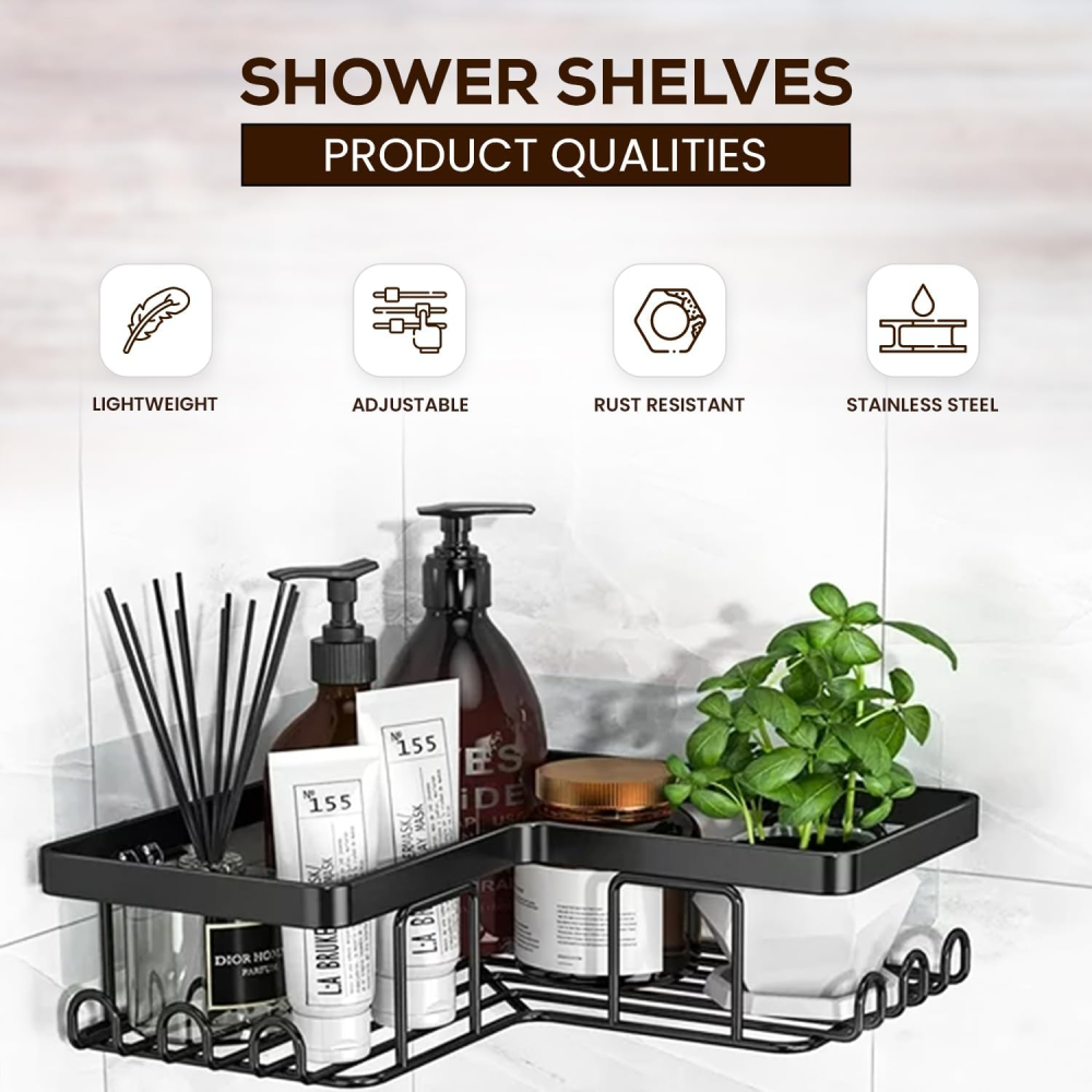 Organizador Ducha Baño Estantes Metálicos Set 5 Piezas Adhesivo Negro