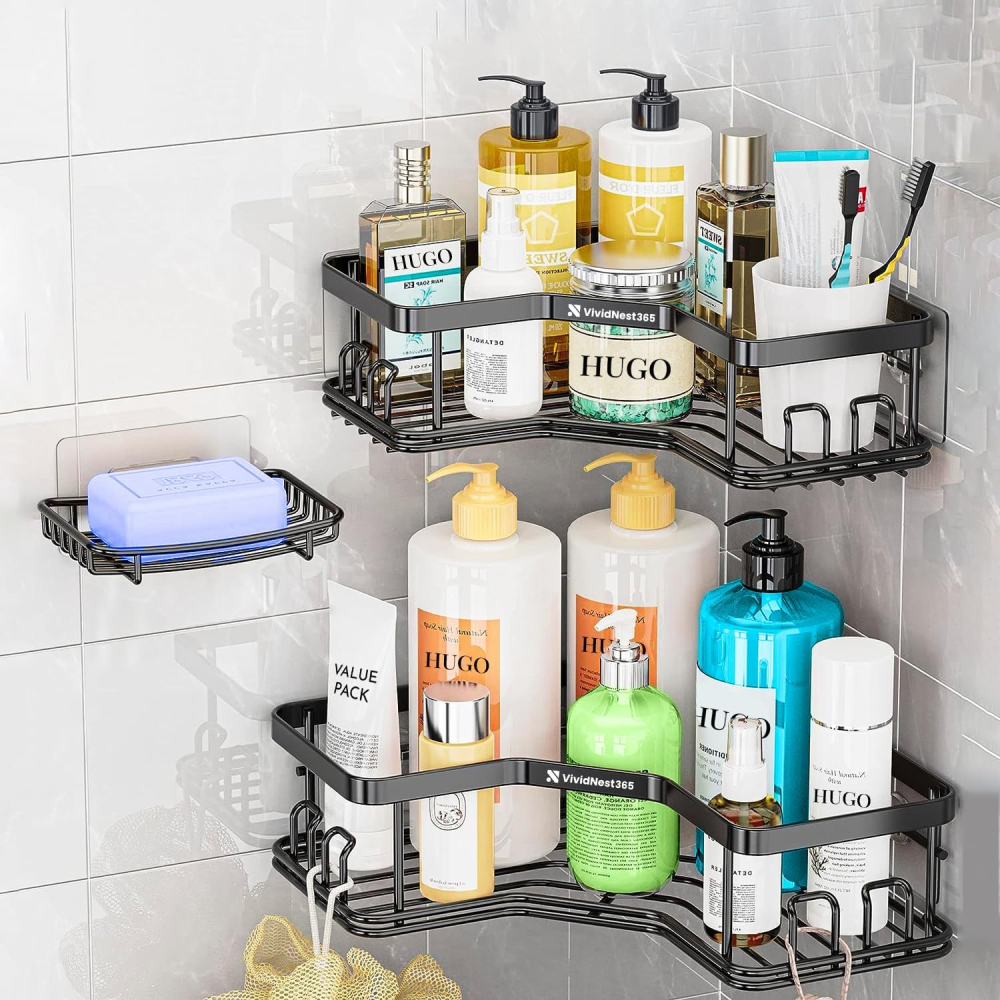 Organizador Ducha Baño Estantes Metálicos Set 5 Piezas Adhesivo Negro