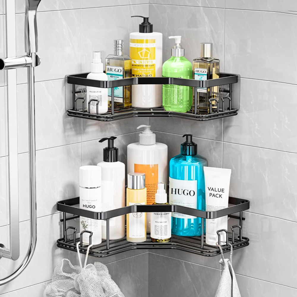 Organizador Ducha Baño Estantes Metálicos Set 5 Piezas Adhesivo Negro