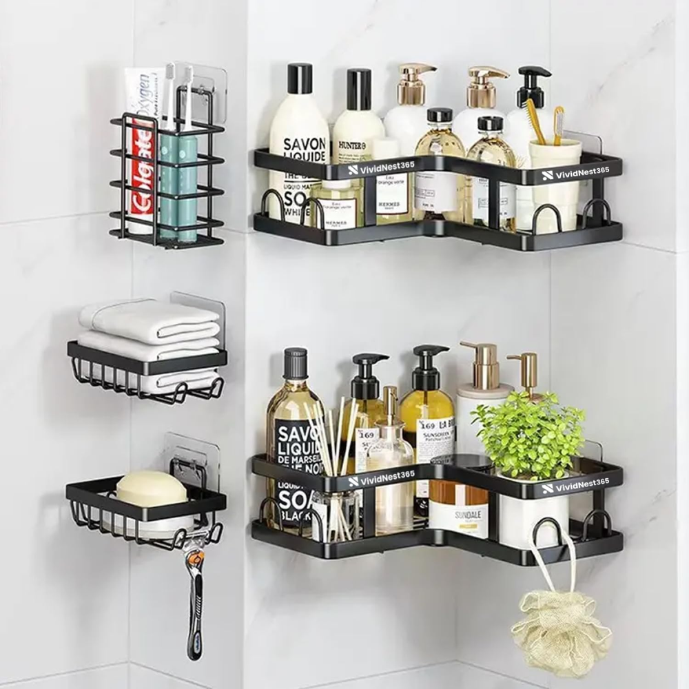 Organizador Ducha Baño Estantes Metálicos Set 5 Piezas Adhesivo Negro