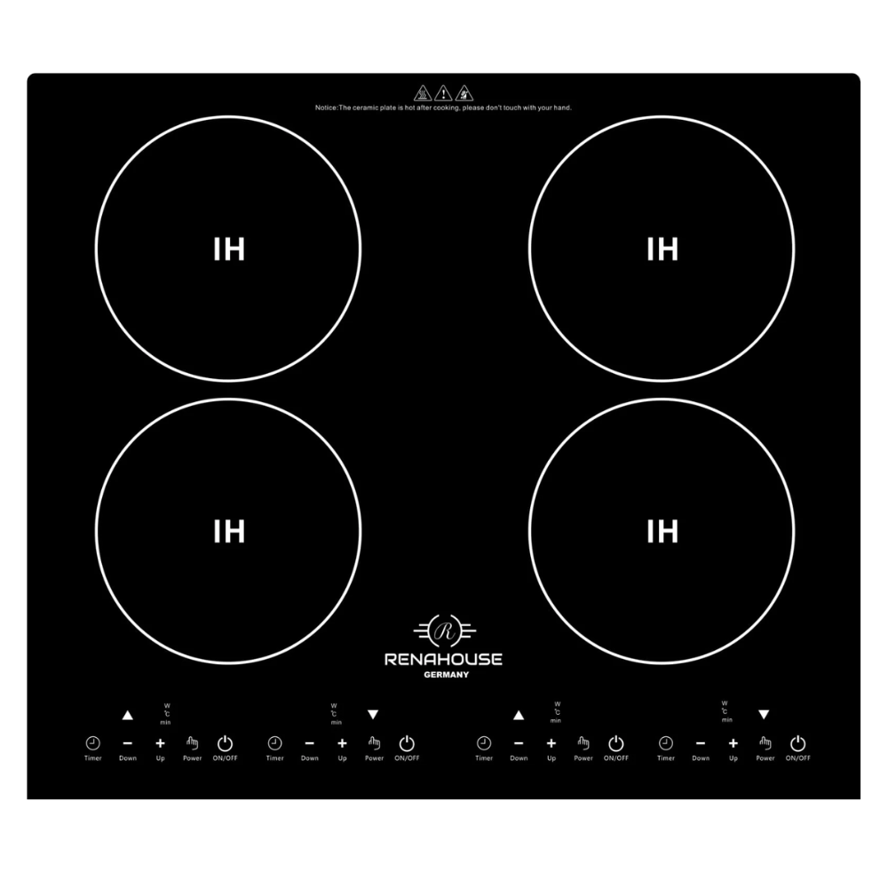 Estufa Inducción 4 Puestos Renahouse 3600W Vitrocerámica Táctil Timer