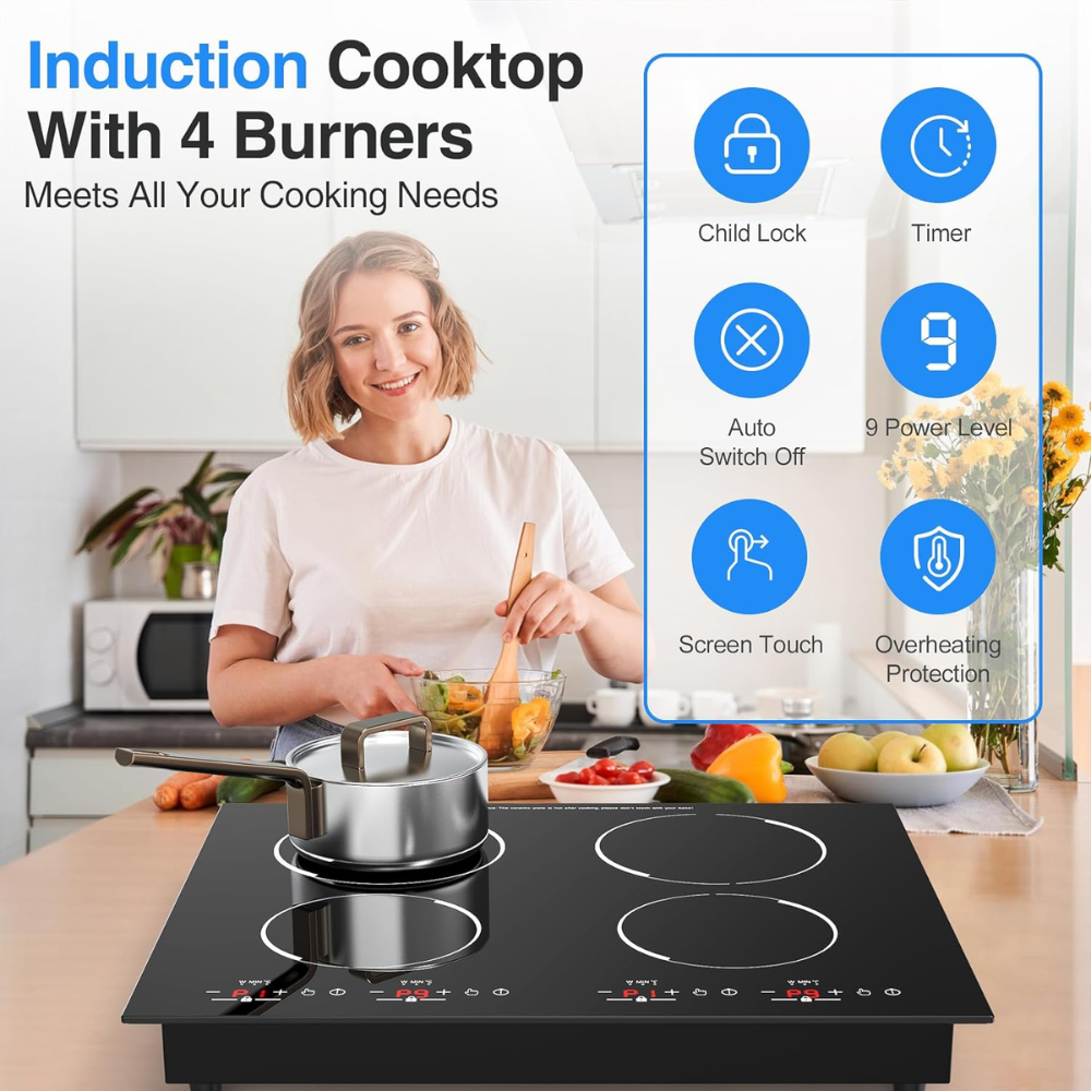 Estufa Inducción 4 Puestos Renahouse 3600W Vitrocerámica Táctil Timer