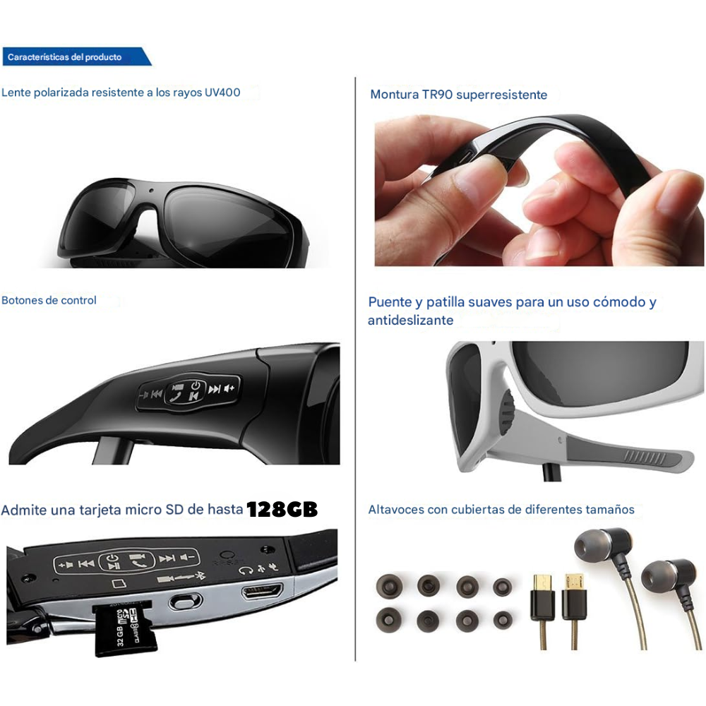 Gafas Cámara 4K Video Audio Fotos Bluetooth Audífonos Deportivas 128GB