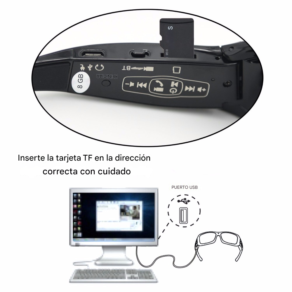 Gafas Cámara 4K Video Audio Fotos Bluetooth Audífonos Deportivas 128GB