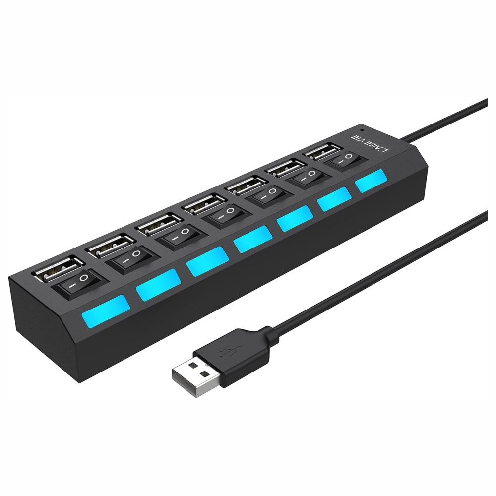 Hub USB 2.0 7 Puertos Interruptor Individual Luz LED Multipuerto PC