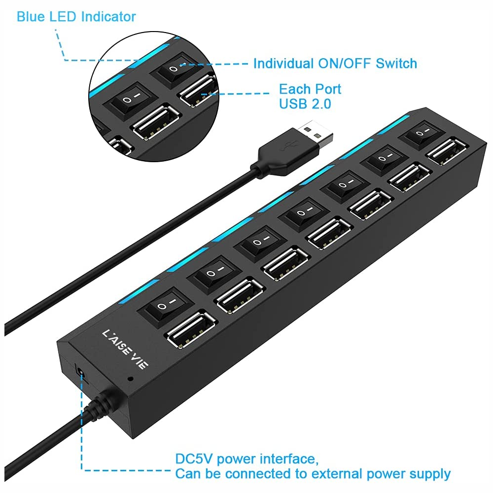 Hub USB 2.0 7 Puertos Interruptor Individual Luz LED Multipuerto PC