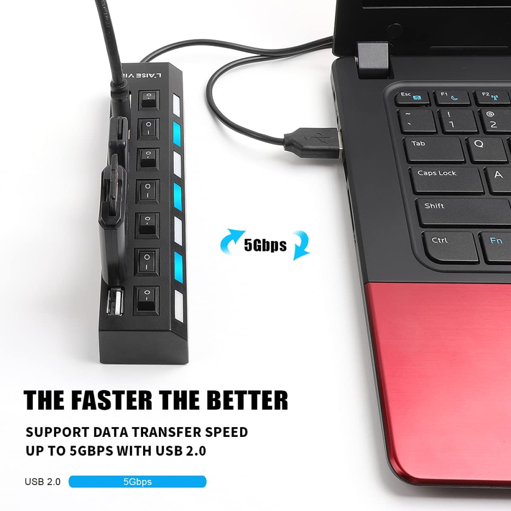 Hub USB 2.0 7 Puertos Interruptor Individual Luz LED Multipuerto PC