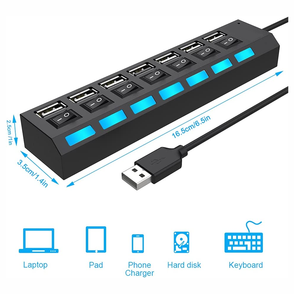 Hub USB 2.0 7 Puertos Interruptor Individual Luz LED Multipuerto PC