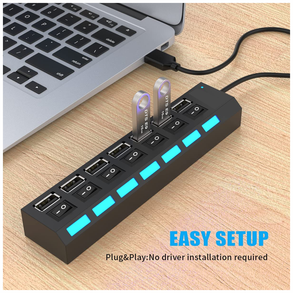 Hub USB 2.0 7 Puertos Interruptor Individual Luz LED Multipuerto PC