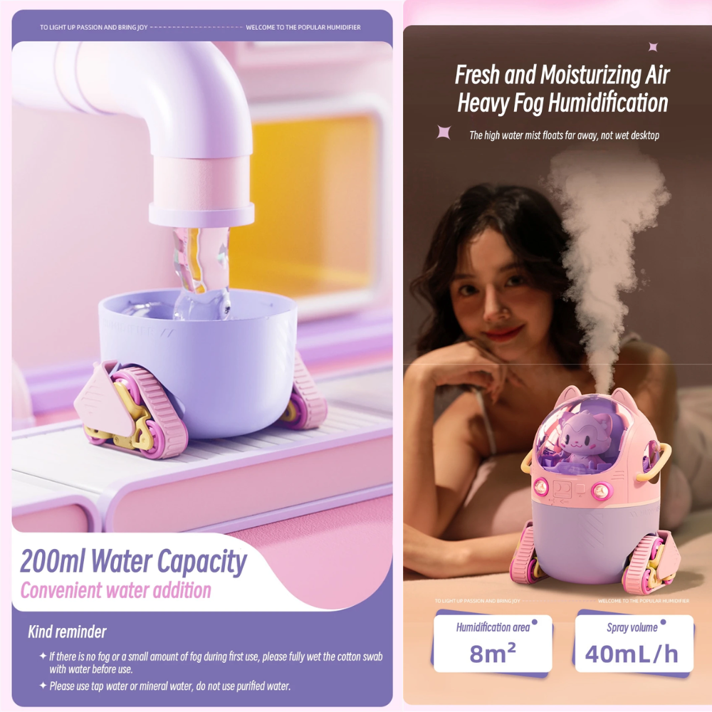 Humidificador Difusor Aromas Gato Luz LED Nocturna USB Recargable
