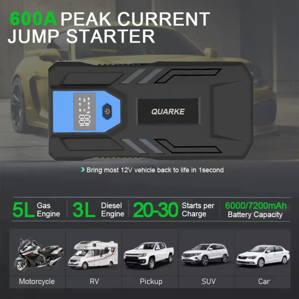 Arrancador Batería Carro Moto Portátil Power Bank Linterna 12V Cables