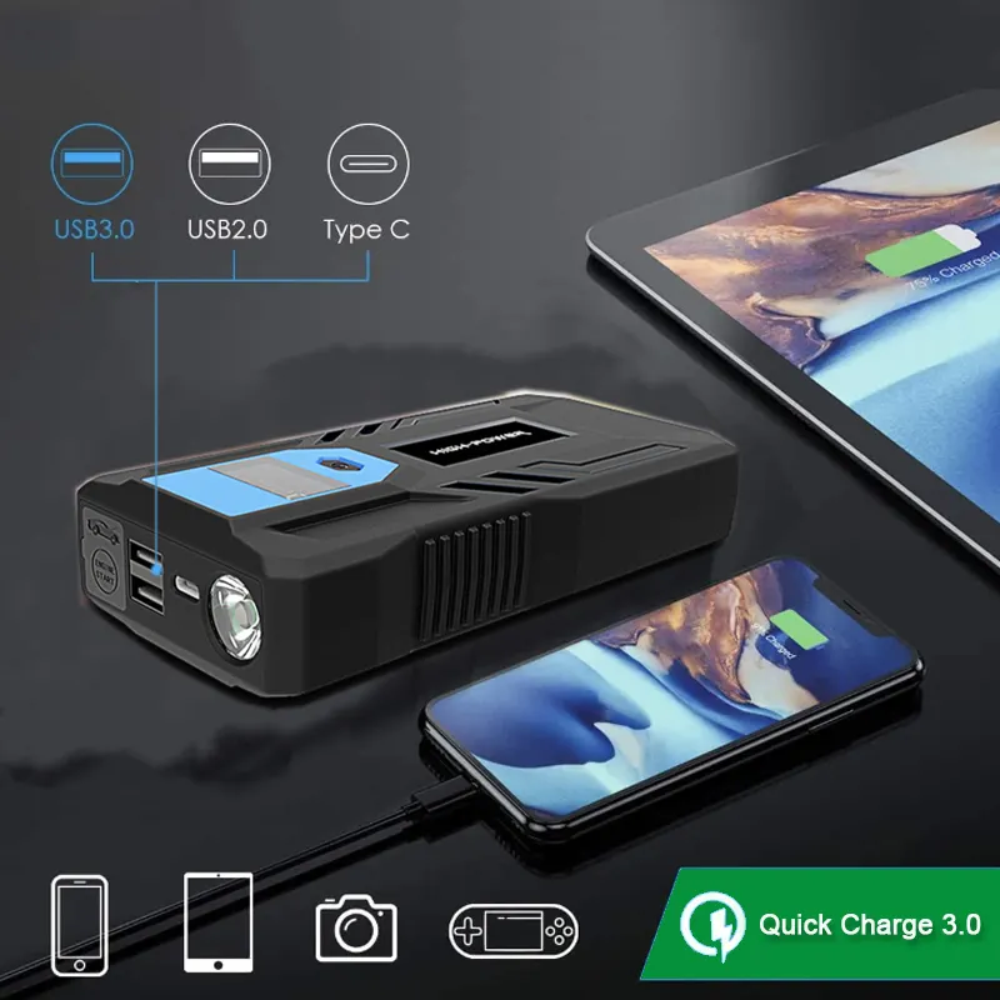 Arrancador Batería Carro Moto Portátil Power Bank Linterna 12V Cables