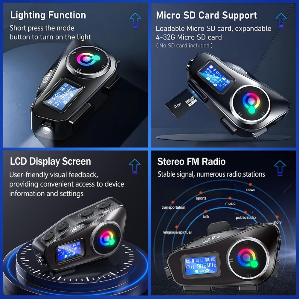 Intercomunicador Moto Q58 Bluetooth 5.3 Radio FM Luz RGB 800 Metros