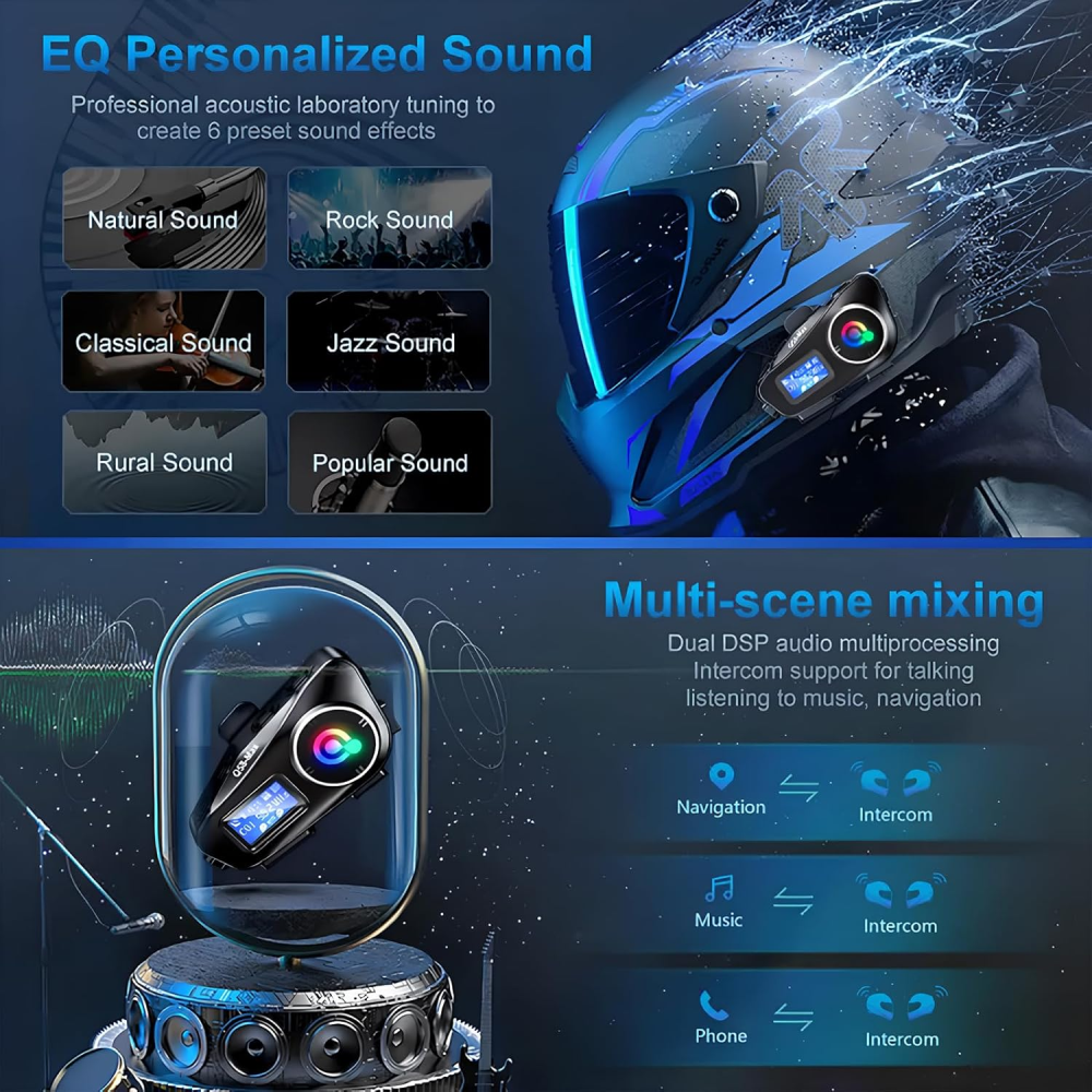 Intercomunicador Moto Q58 Bluetooth 5.3 Radio FM Luz RGB 800 Metros