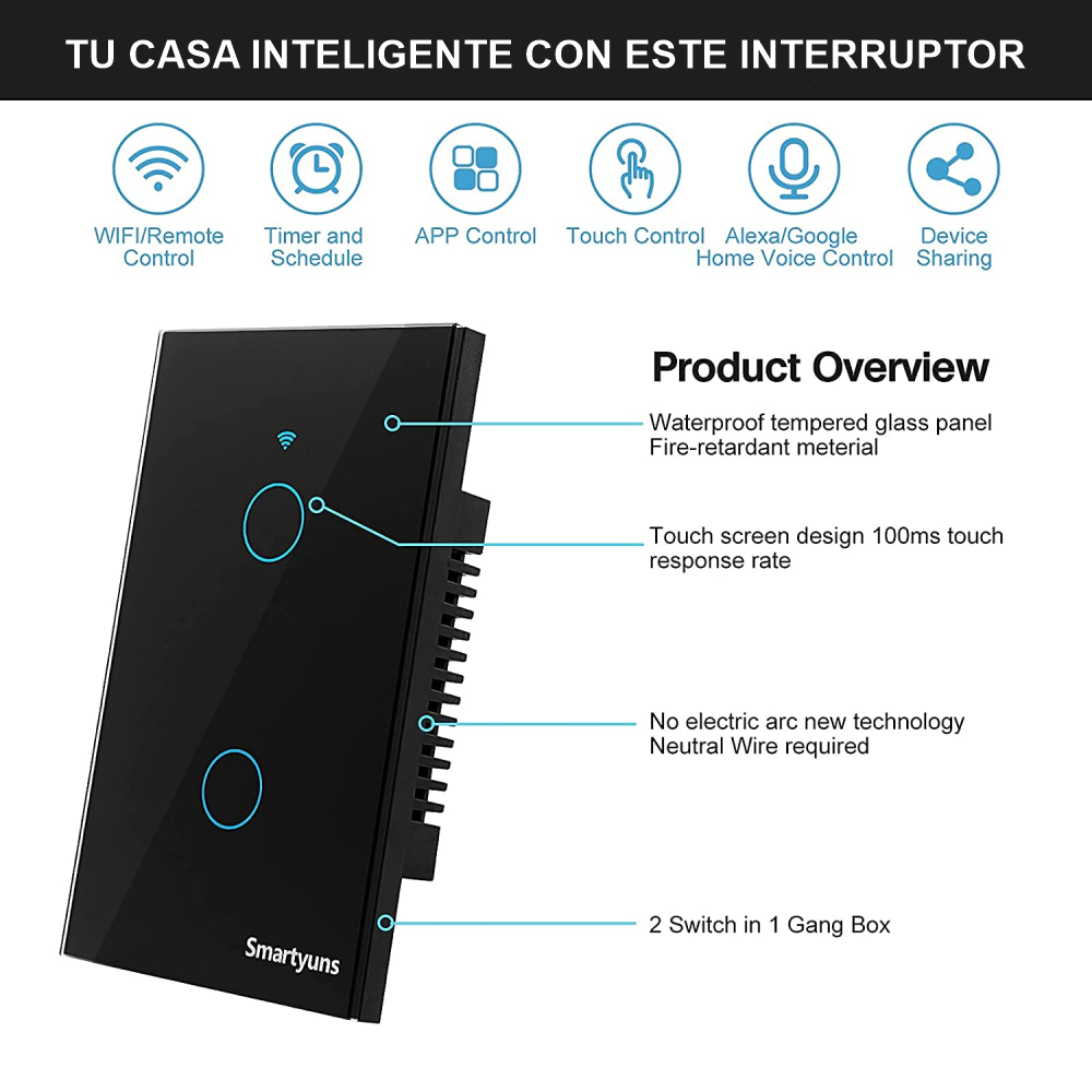 Interruptor Inteligente WiFi Táctil Vidrio Alexa Google Smart Life