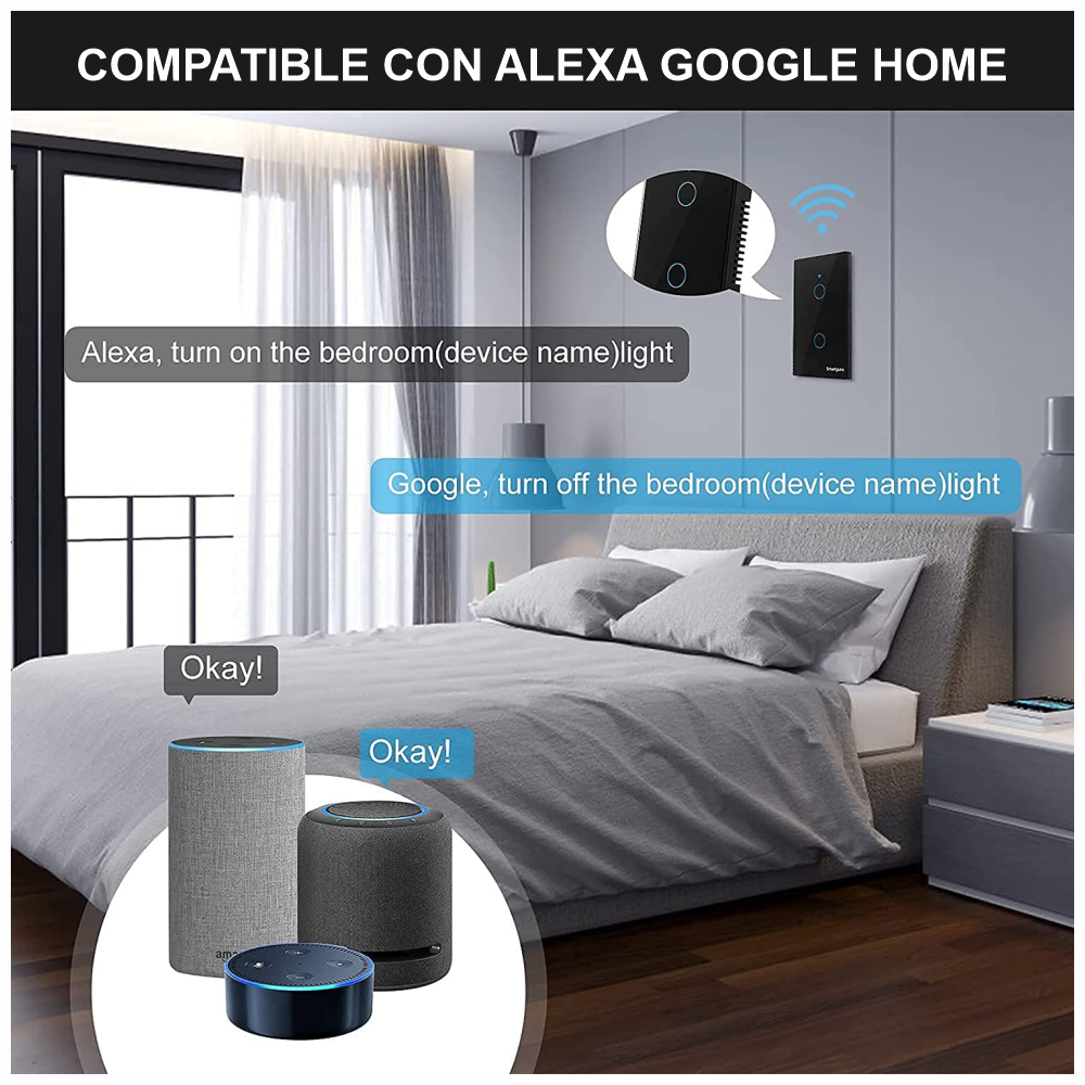 Interruptor Inteligente WiFi Táctil Vidrio Alexa Google Smart Life