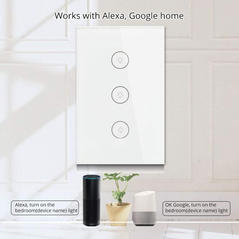 Interruptor Inteligente WiFi Triple Táctil Vidrio Alexa Google Home