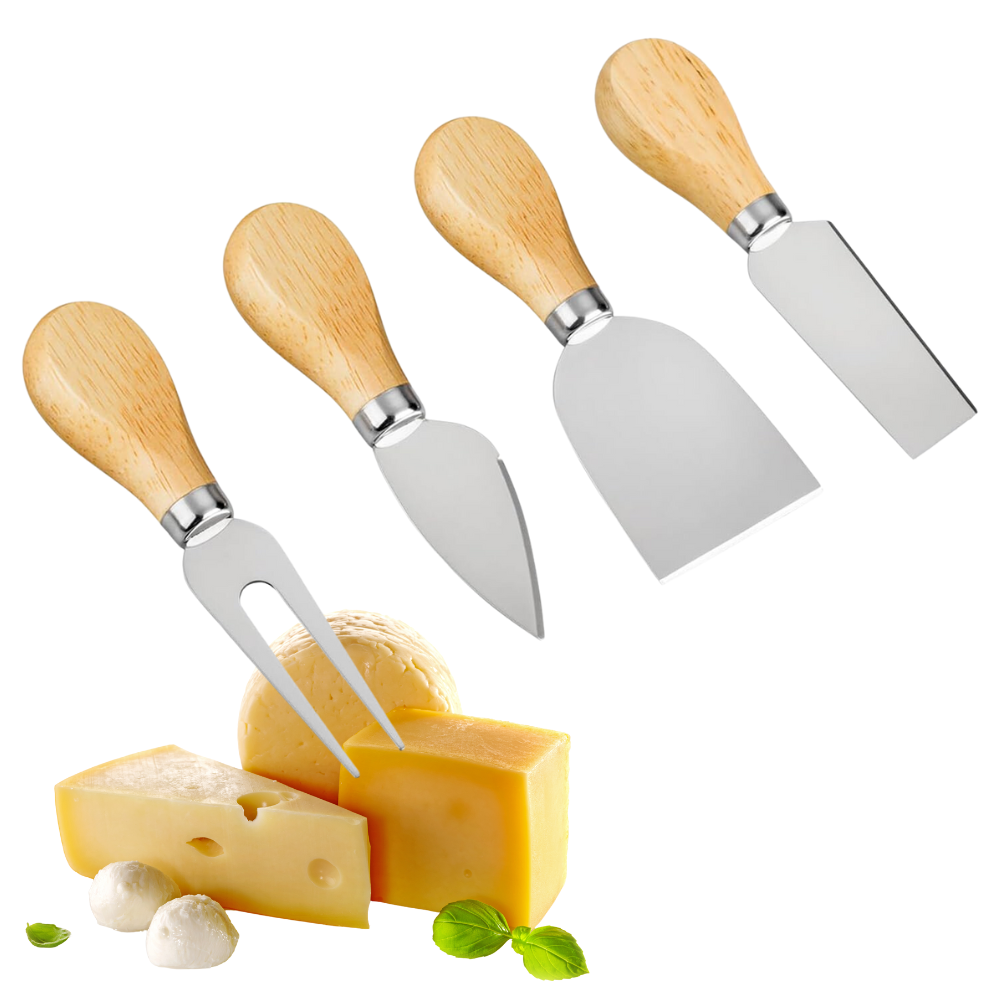 Set Cuchillos Queso 4 Piezas Acero Inoxidable Mango Madera Tabla