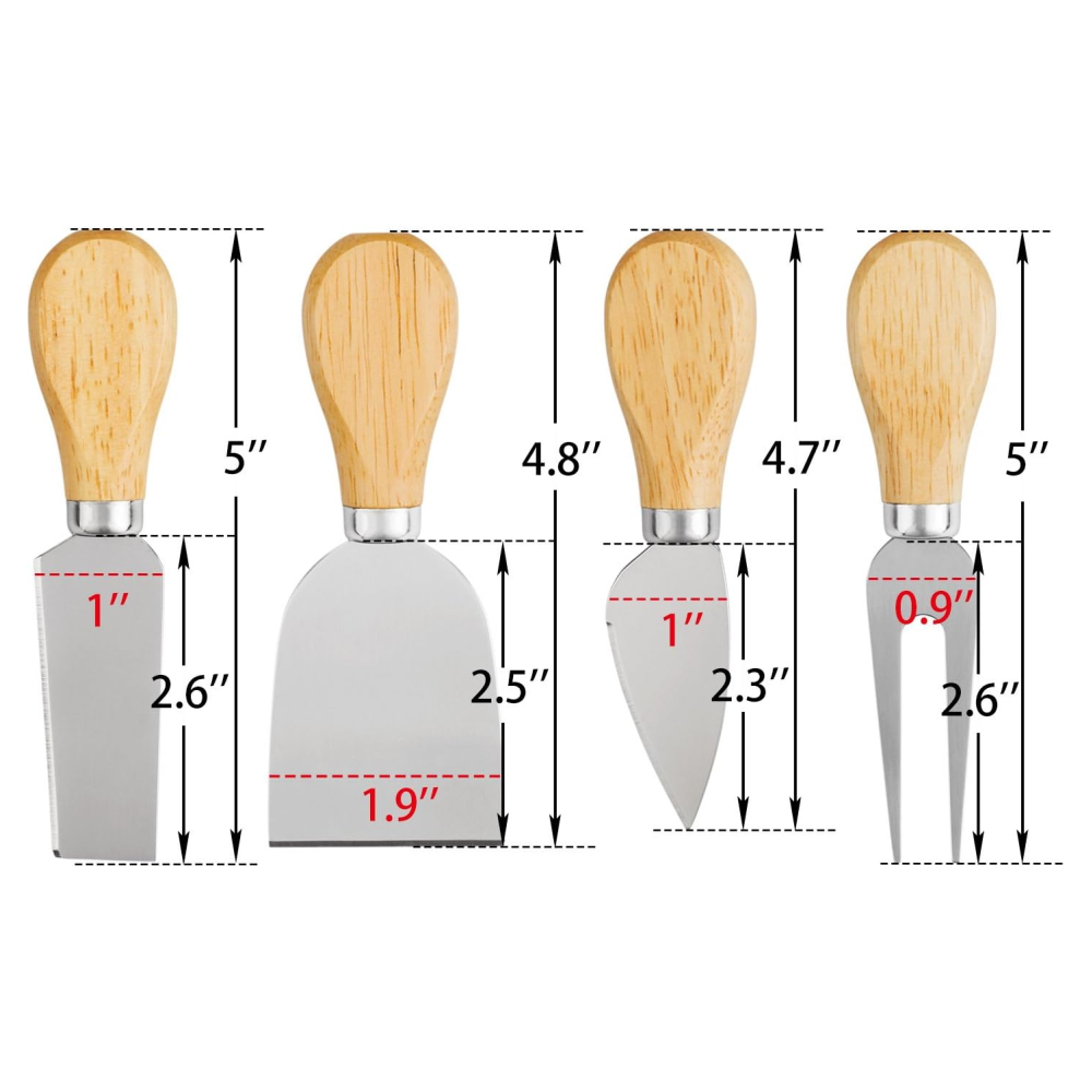 Set Cuchillos Queso 4 Piezas Acero Inoxidable Mango Madera Tabla