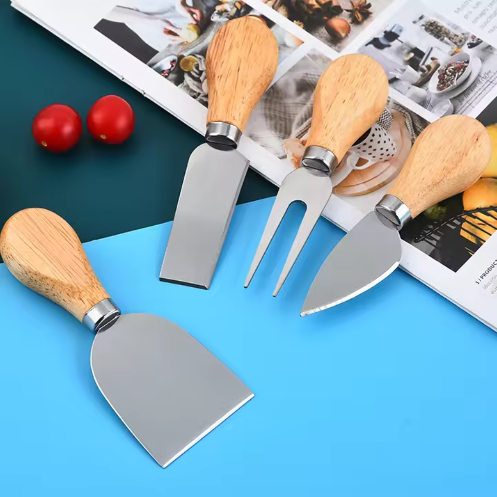 Set Cuchillos Queso 4 Piezas Acero Inoxidable Mango Madera Tabla