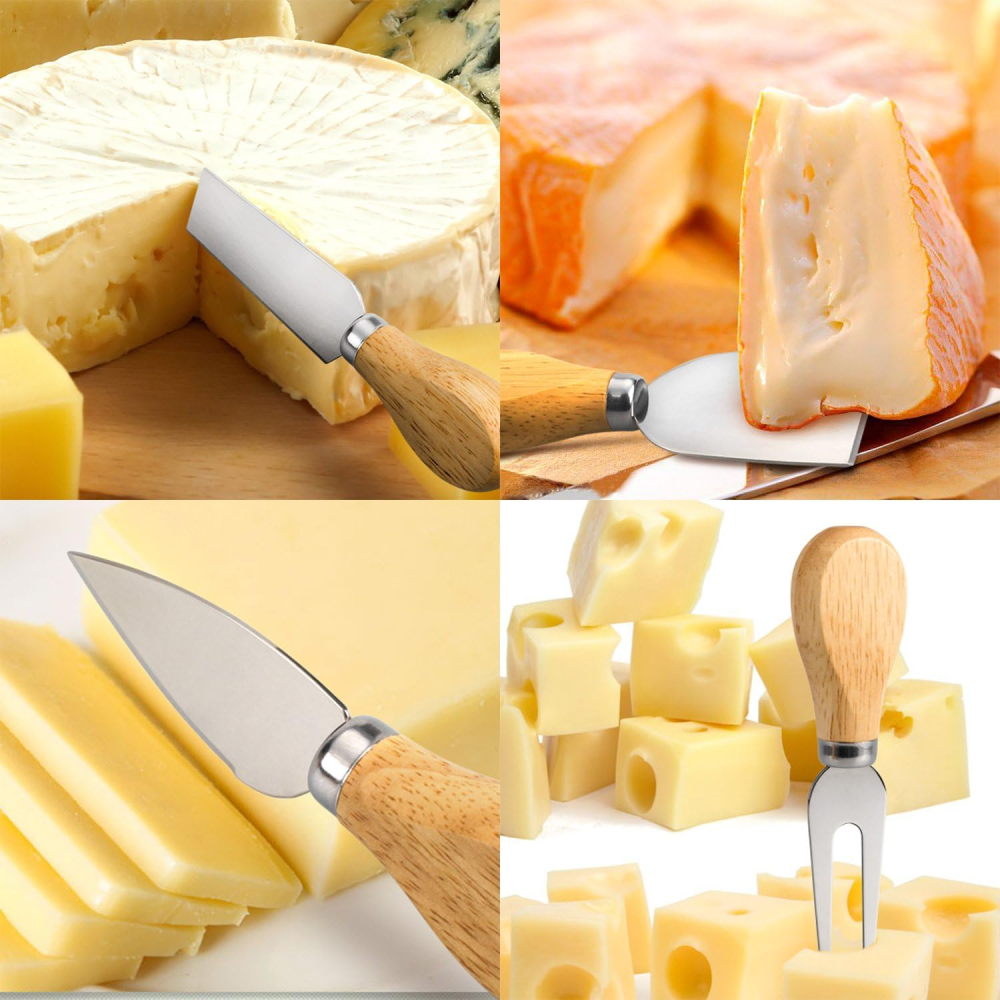 Set Cuchillos Queso 4 Piezas Acero Inoxidable Mango Madera Tabla