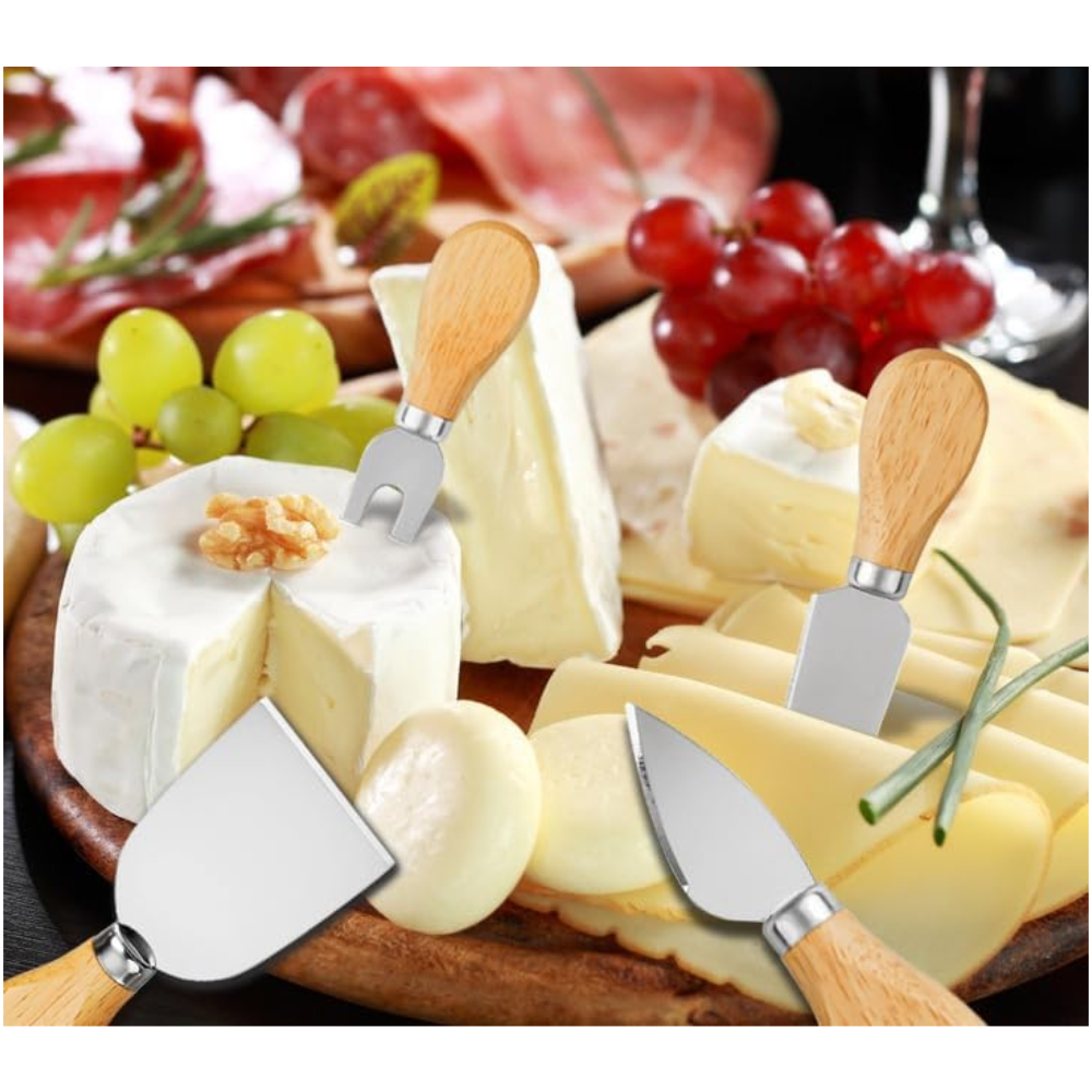 Set Cuchillos Queso 4 Piezas Acero Inoxidable Mango Madera Tabla