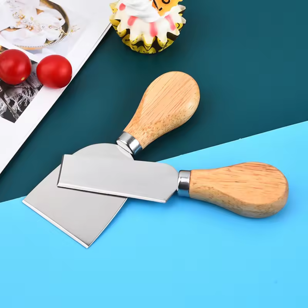 Set Cuchillos Queso 4 Piezas Acero Inoxidable Mango Madera Tabla