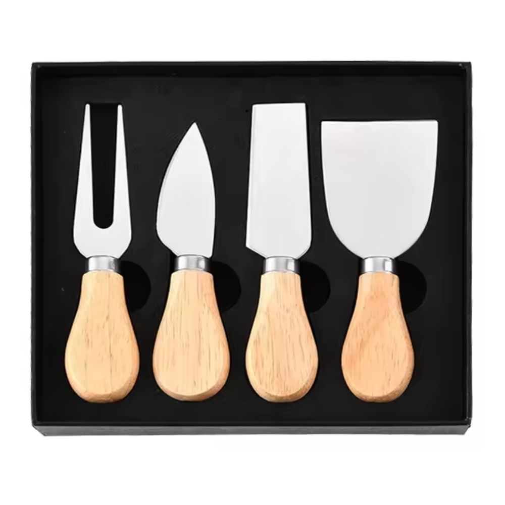 Set Cuchillos Queso 4 Piezas Acero Inoxidable Mango Madera Tabla