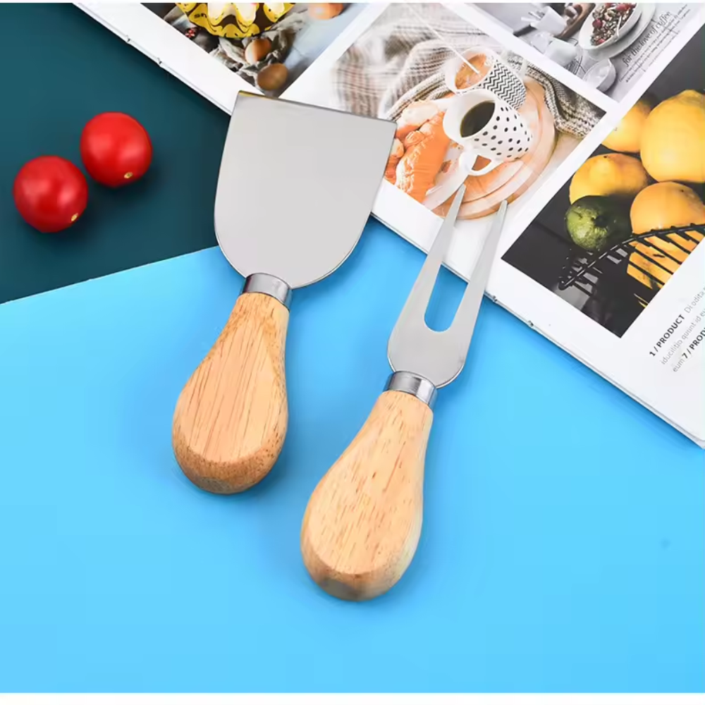 Set Cuchillos Queso 4 Piezas Acero Inoxidable Mango Madera Tabla