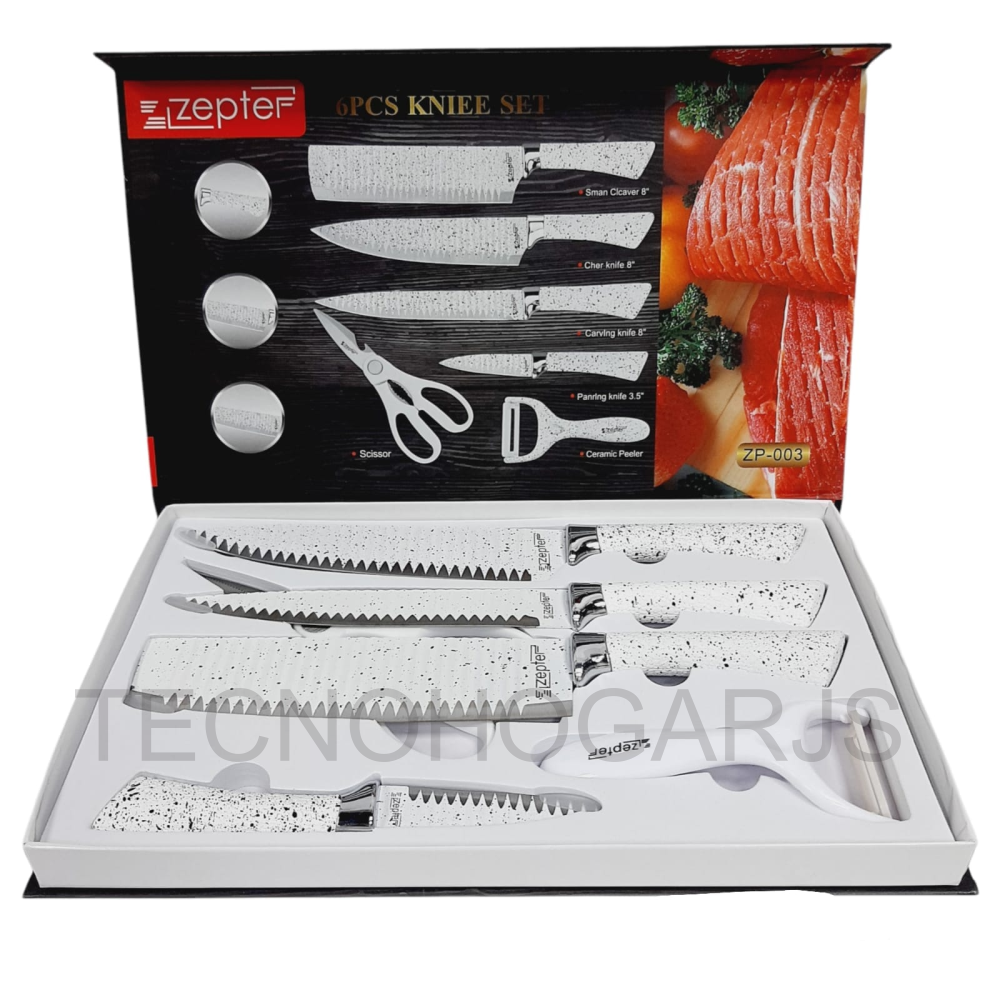 Juego Cuchillos 6 Piezas Recubrimiento Cerámico Tijeras Pelador Cocina