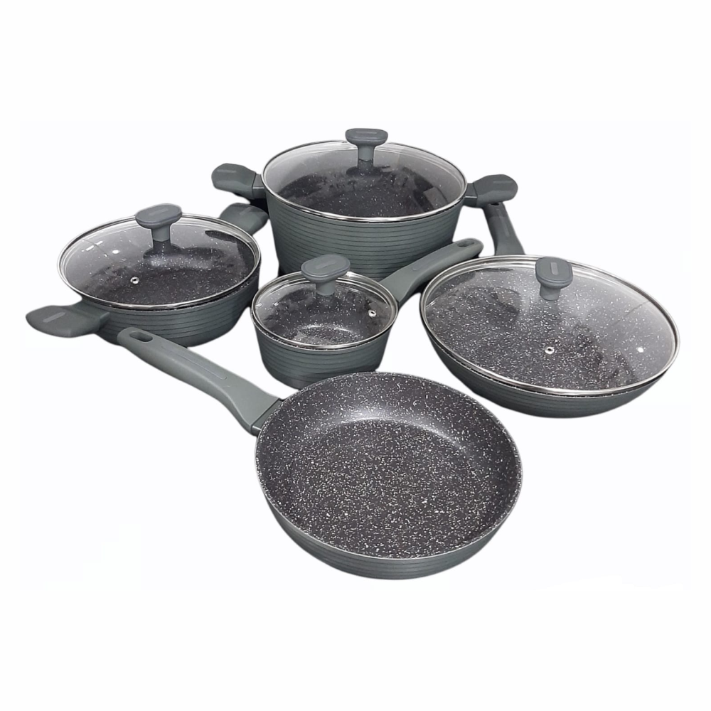 Juego Ollas Renahouse 9 Piezas Mármol Antiadherente Wok Mangos Fríos