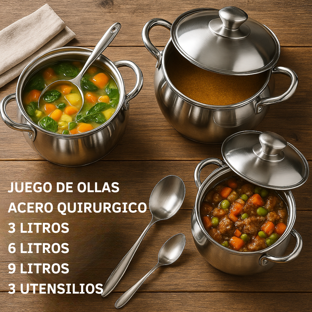 Juego Ollas Acero Quirúrgico Swisshome 9 Piezas 3 6 9 Litros Inducción