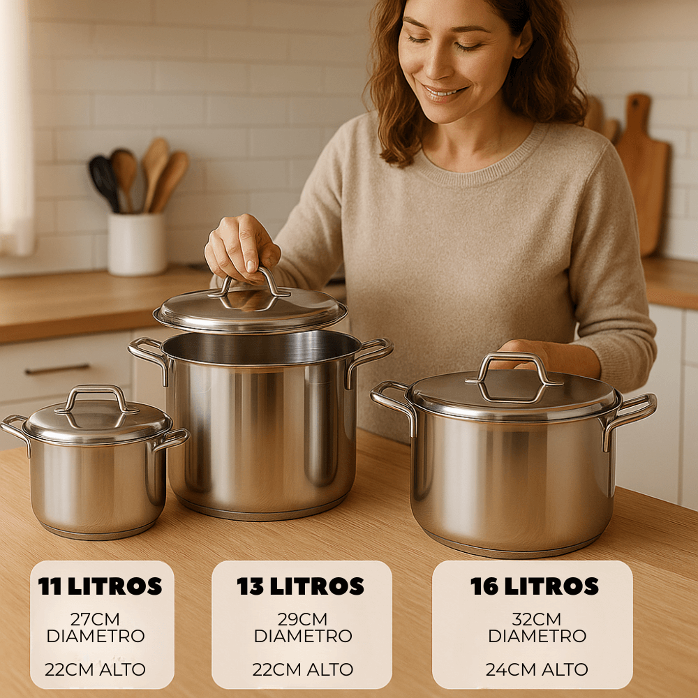 Juego Ollas Soperas Grandes Acero Inoxidable 16 13 11 Litros Tapas