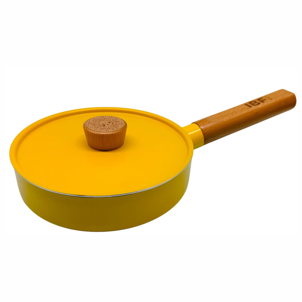 Juego Mini Sartén Olla 16cm Tapa Antiadherente Mango Madera Amarillo