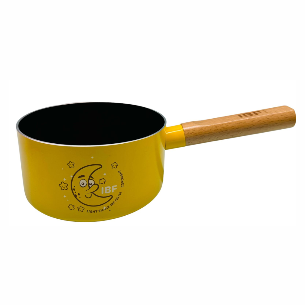 Juego Mini Sartén Olla 16cm Tapa Antiadherente Mango Madera Amarillo