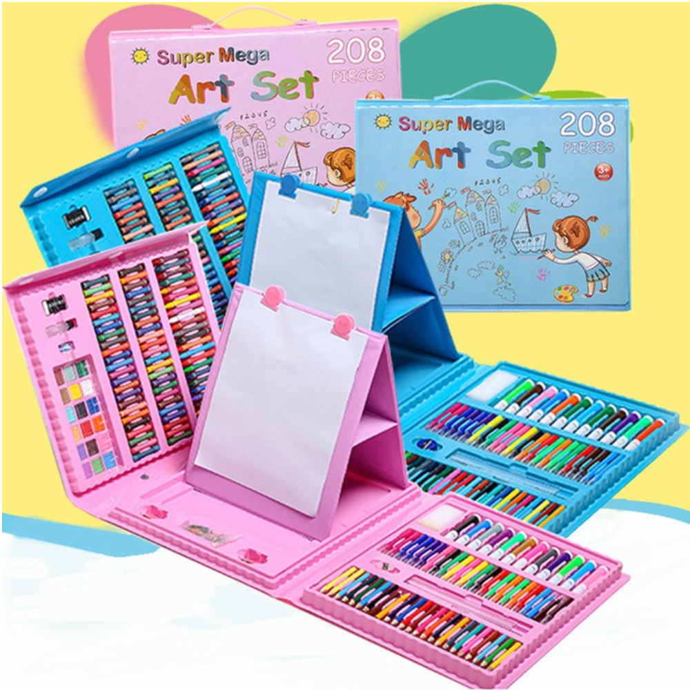 Kit Pintura Niños 208 Piezas Set Arte Acuarelas Colores Caballete