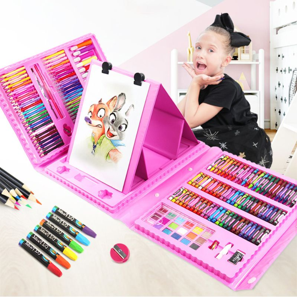 Kit Pintura Niños 208 Piezas Set Arte Acuarelas Colores Caballete