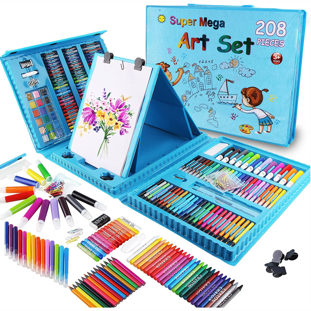 Kit Pintura Niños 208 Piezas Set Arte Acuarelas Colores Caballete