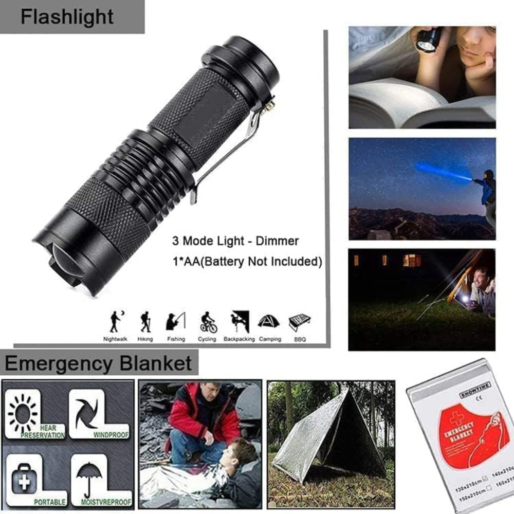 Kit Supervivencia SOS 12x1 Camping Linterna Brújula Manta Térmica