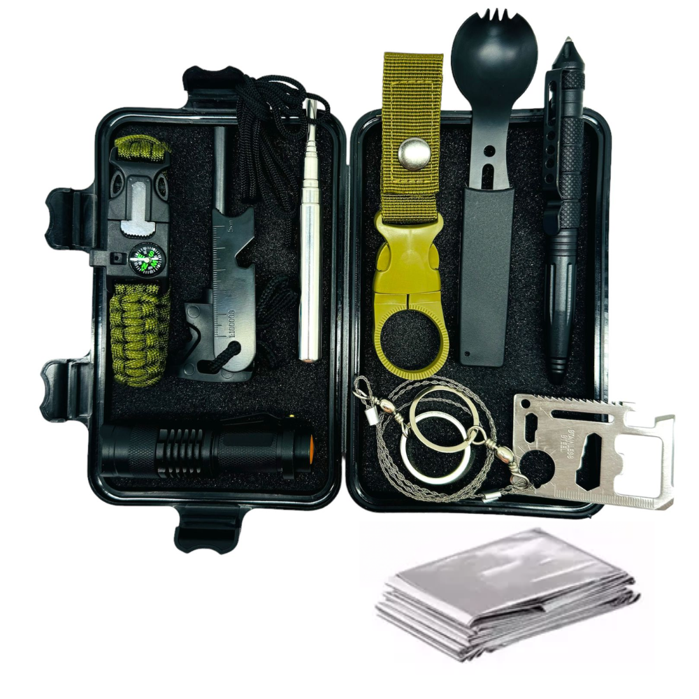Kit Supervivencia SOS 12x1 Camping Linterna Brújula Manta Térmica