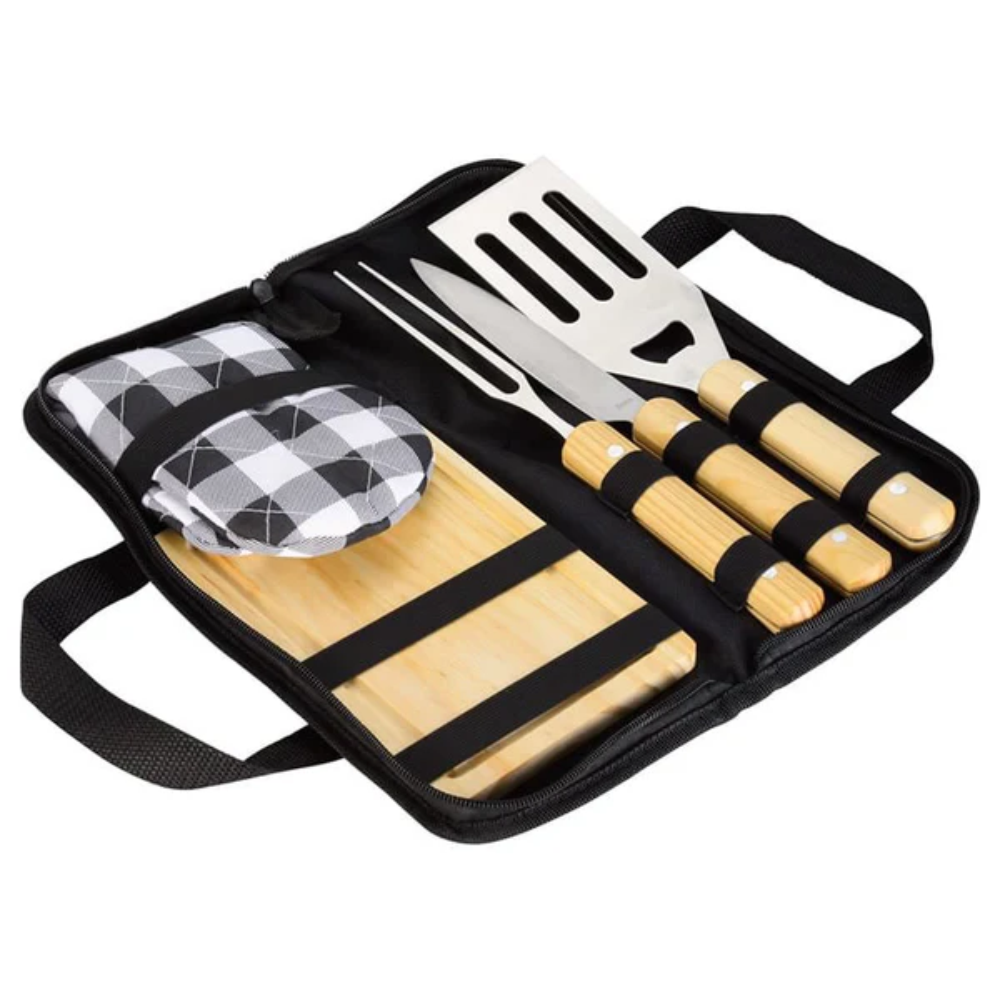 Utensilios Asados Barbacoa 5 Piezas Acero Inoxidable Mango Bambú
