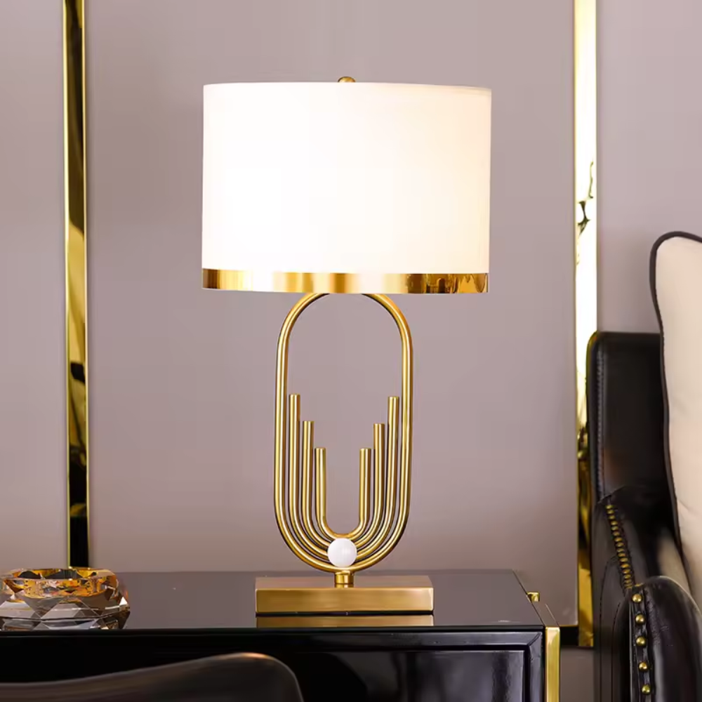 Lámpara Mesa Minimalista Lujo Base Mármol Pantalla Tela 58cm E14