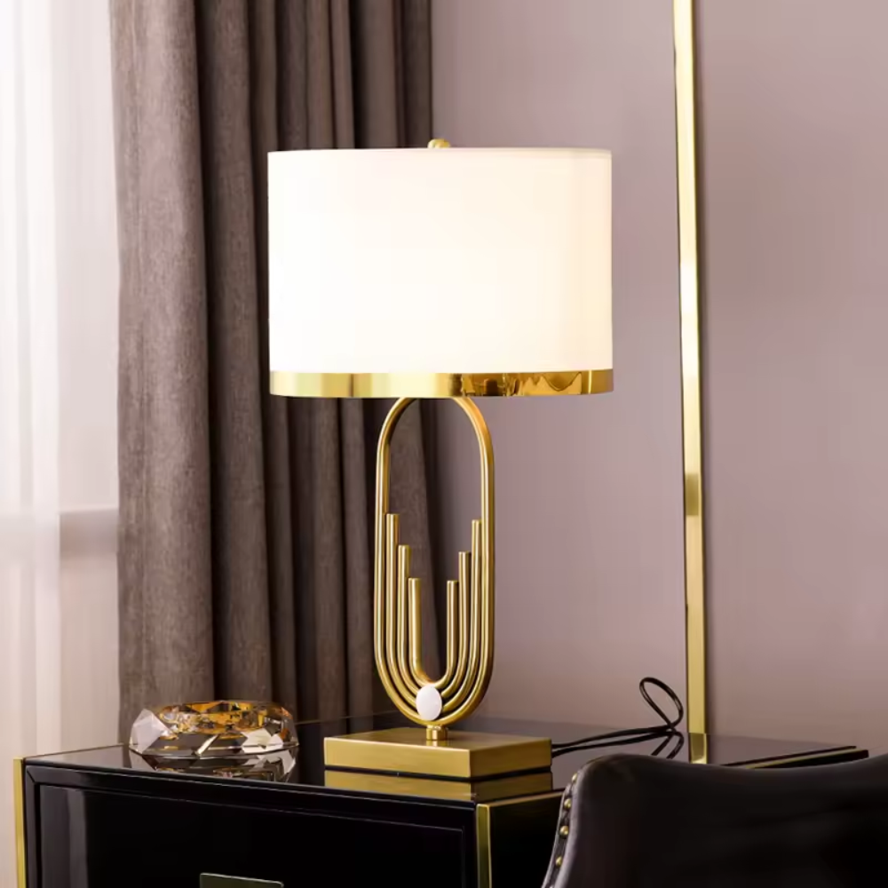 Lámpara Mesa Minimalista Lujo Base Mármol Pantalla Tela 58cm E14