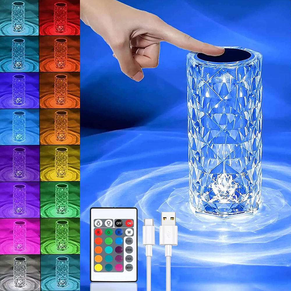 Lámpara Mesa Táctil Cristal Acrílico Diamante LED 3 Tonos Luz USB 5V