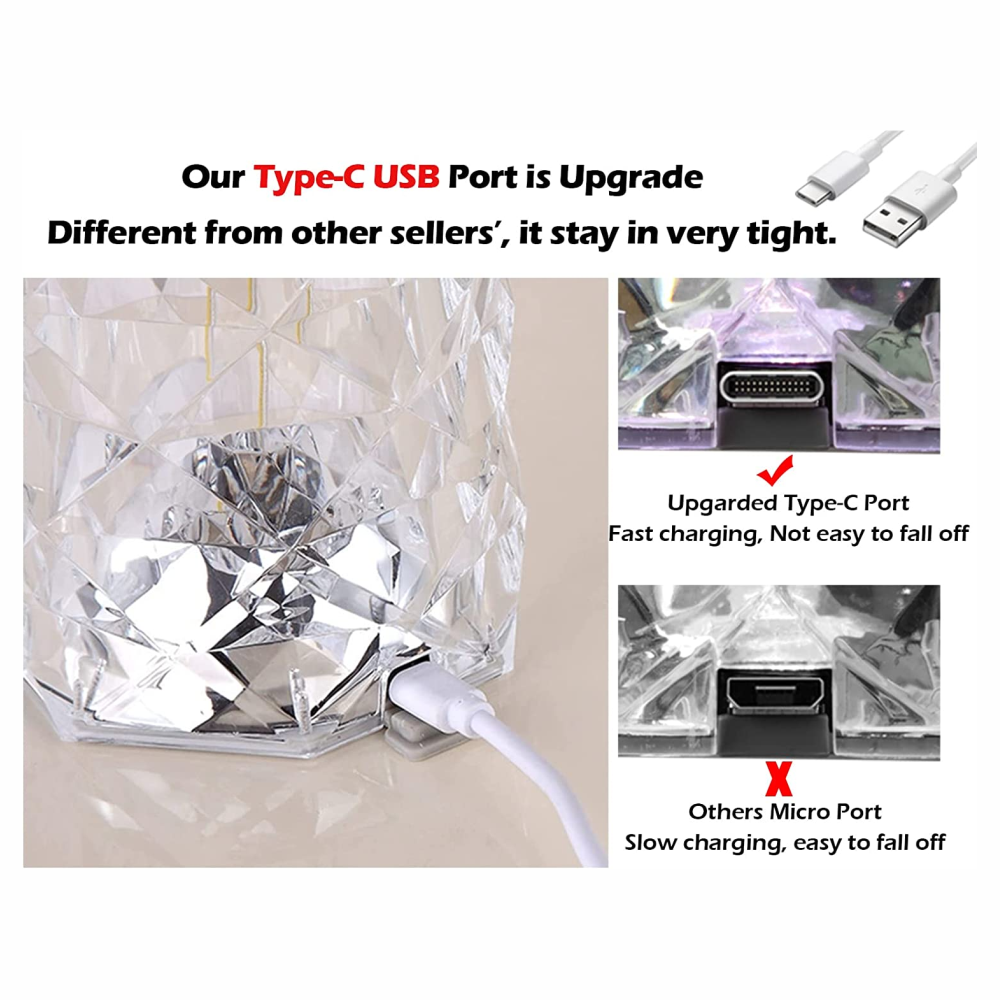 Lámpara Mesa Táctil Cristal Acrílico Diamante LED 3 Tonos Luz USB 5V