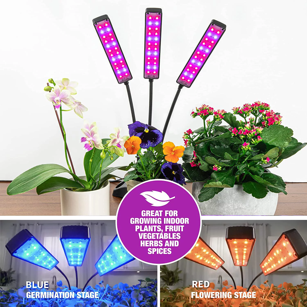 Lámpara LED Cultivo Plantas Interior Espectro Completo 3 Brazos Timer